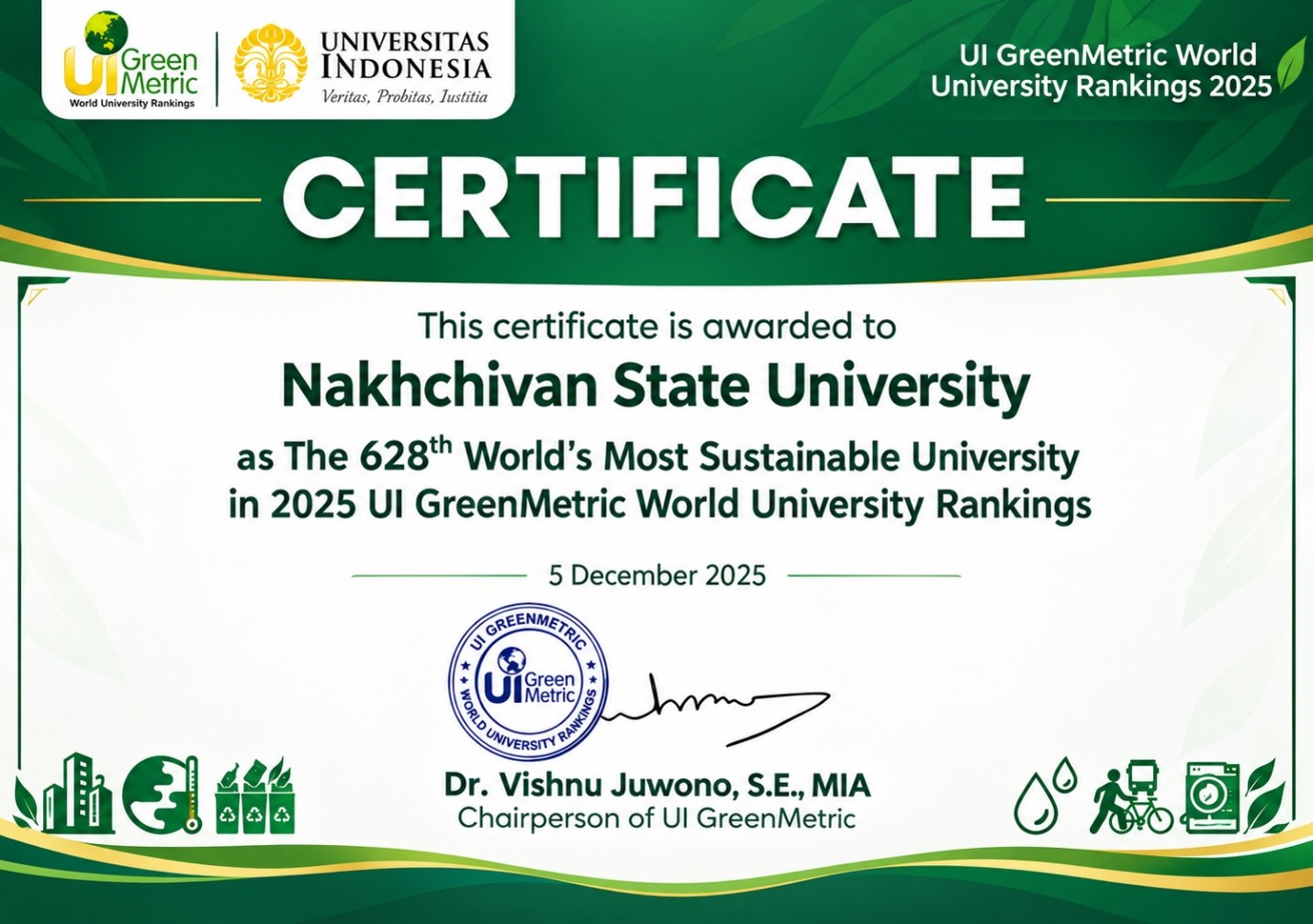 UI GreenMetric Certificate 2025 - Nakhchivan State University
